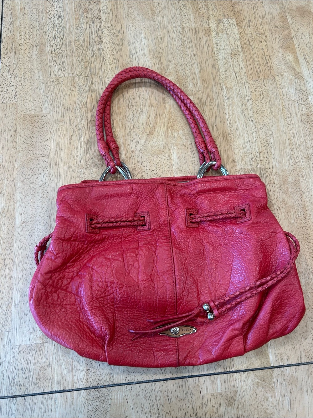 Elliot Luca Red Leather Braided-Handle Tote